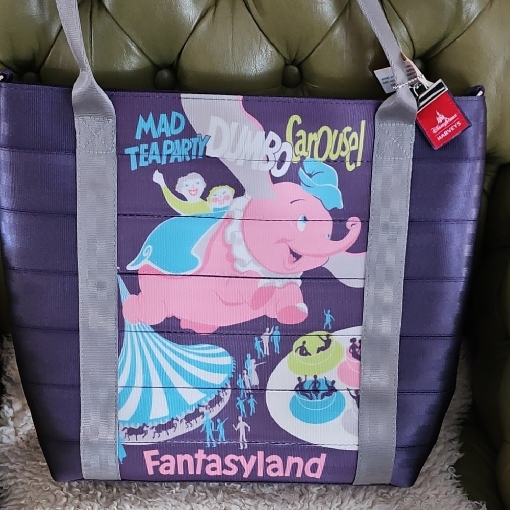 Harveys Purple and Pink Dumbo Carousel Tote Fantasyland DISNEY 70 ANNIVERSARY.